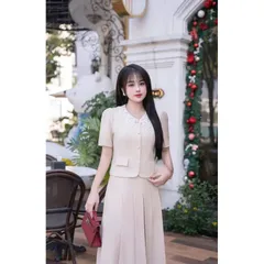 Sét Áo Sơ Mi Cổ Ren Cúc Bọc Mix Chân Váy Xòe Xếp Ly Hàng có sẵn giao ngay eo 78 Đủ size SMLXL ( eo dưới 78cm mặc đẹp)