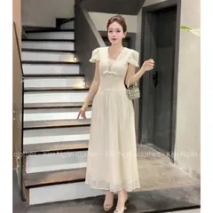 Đầm thiết kế ren ô vổ V tay tua rua mix tơ vân đính nơ ngực Màu kem Hàng có sẵn giao ngay Size SM Giá 390k