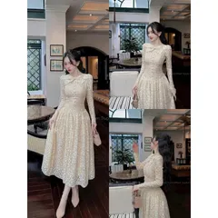 Đầm dự tiệc sang trọng chất ren chỉ thêu cao cấp dài tay ,đính nút bọc cổ tròn đính nơ thiết kế dáng dài maxi dài l