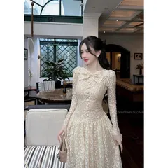 Đầm dự tiệc sang trọng chất ren chỉ thêu cao cấp dài tay ,đính nút bọc cổ tròn đính nơ thiết kế dáng dài maxi dài l