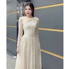 Đầm dự tiệc sang trọng chất ren chỉ thêu cao cấp dài tay ,đính nút bọc cổ tròn đính nơ thiết kế dáng dài maxi dài l