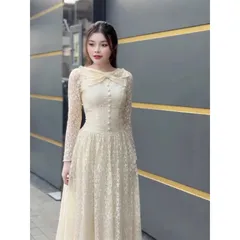 Đầm dự tiệc sang trọng chất ren chỉ thêu cao cấp dài tay ,đính nút bọc cổ tròn đính nơ thiết kế dáng dài maxi dài l