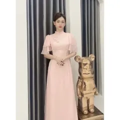 Áo dài đính hoa nổi Hàng có sẵn giao ngay XL Giá 290k/ áo dài , quần 100k/ quần Màu cam sữa