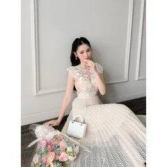 Đầm ren họa tiết cánh tiên chân váy dập li cao cấp, đầm du lịch, đi chơi, đi tiệc, hẹn hò
