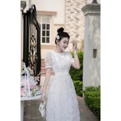 Đầm Thiết Kế Ren Hoa Dáng Dài Nữ Sang Chảnh Đi Tiệc Phong Cách Tiểu Thư Có màu kem và trắng Hàng có sẵn giao ngay L