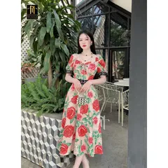 Váy hoa DG tay bồng rúm ngực cập bến ! Chất lụa gân dày dặn mướt mịn Màu be và màu trắng  Hàng có sẵn giao ngay L