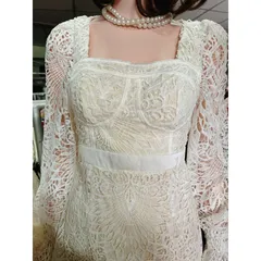 Đầm ren cổ vuông,  tay dài dáng ngắn xoè sang chảnh Giá 390k Hàng có sẵn giao ngay Size SM Chất liệu ren cao cấp
