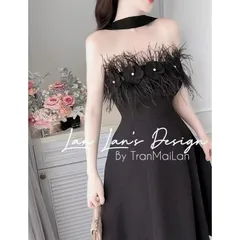 Đầm maxi nữ dự tiệc sang trọng chất tapta cúp ngực dây cổ phối lông vũ ngực dáng váy chữ A dài maxi,cúp ngực lông vũ