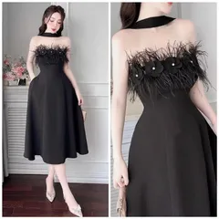 Đầm maxi nữ dự tiệc sang trọng chất tapta cúp ngực dây cổ phối lông vũ ngực dáng váy chữ A dài maxi,cúp ngực lông vũ