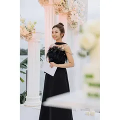 Đầm maxi nữ dự tiệc sang trọng chất tapta cúp ngực dây cổ phối lông vũ ngực dáng váy chữ A dài maxi,cúp ngực lông vũ