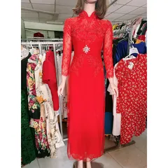 Áo dài cưới cô dâu hàng thiết kế màu đỏ phối ren lưới,kết hạt đá pha lê cao cấp