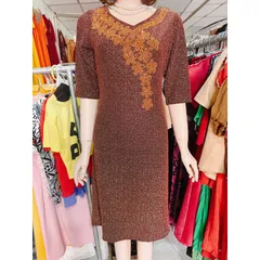 Đầm Body Trung Niên Kim Tuyến ép đá Tay Lỡ  Tinh Tế Dự Tiệc - Màu Đỏ vàng ánh kim + màu vàng ánh kim Giá 290k