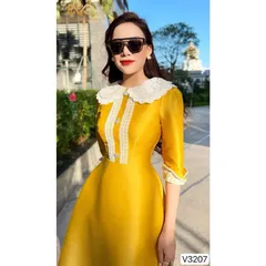 Đầm VÀNG PHỐI REN BÈO CỔ TRẮNG Hàng DVC, có sẵn giao ngay XL Chất liệu tapta cao cấp Đủ size SMLXL