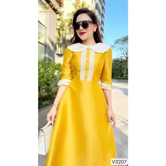 Đầm VÀNG PHỐI REN BÈO CỔ TRẮNG Hàng DVC, có sẵn giao ngay XL Chất liệu tapta cao cấp Đủ size SMLXL