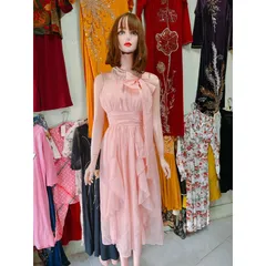 Đầm maxi cổ yếm đính kết bánh bèo đi biển. đi tiệc quá xinh Hàng có sẵn giao ngay L Chất liệu voan tơ 2 lớp cao cấp