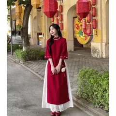 Áo dài Tết - Áo dài cách tân màu đỏ thiết kế tay lỡ dáng suông chất nhung thêu 2 tà cách điệu Hàng có sẵn giao ngay