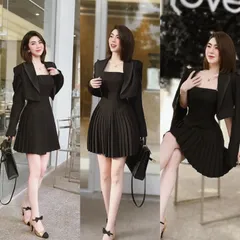 Set áo vest + đầm 2 dây dập ly mau đen Giá 299k Hàng co sẵn giao ngay