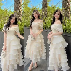 VÁY TƠ XÒE NHIỀU TẦNG TRỄ VAI FORM DÀI  Giá 330k Hàng có sẵn giao ngay HÀng cao cấp Màu kem