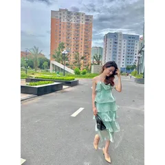 Đầm Sóng chất tơ hai lớp, đầm dáng dài Màu xanh thạch Giá 290k Hàng có sẵn giao ngay