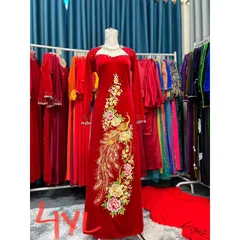 Áo dài nhung thêu đính kết màu đỏ Giá 600k Hàng có sẵn giao ngay  Size 2XL và 4XL Quần 90k/ cái