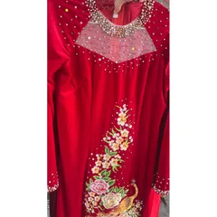 Áo dài nhung thêu đính kết màu đỏ Giá 600k Hàng có sẵn giao ngay  Size 2XL và 4XL Quần 90k/ cái