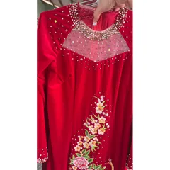 Áo dài nhung thêu đính kết màu đỏ Giá 600k Hàng có sẵn giao ngay  Size 2XL và 4XL Quần 90k/ cái