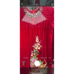Áo dài nhung thêu đính kết màu đỏ Giá 600k Hàng có sẵn giao ngay  Size 2XL và 4XL Quần 90k/ cái