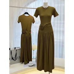 Váy Cotton Thun Tăm Dáng Dài Eo Đính Hoa Giá 290k Hàng có sẵn giao ngay Co giãn dễ chịu Màu rêu