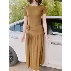 Váy Cotton Thun Tăm Dáng Dài Eo Đính Hoa Giá 290k Hàng có sẵn giao ngay Co giãn dễ chịu Màu rêu