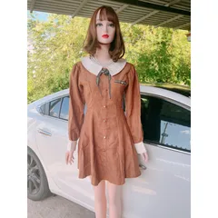 ĐẦM NÂU CỔ BẺ TAY DÀI VIỀN NƠ NGỰC [kèm ảnh thật ] Giá 290k Hàng có sẵn giao ngay