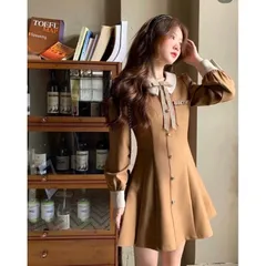 ĐẦM NÂU CỔ BẺ TAY DÀI VIỀN NƠ NGỰC [kèm ảnh thật ] Giá 290k Hàng có sẵn giao ngay