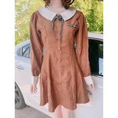 ĐẦM NÂU CỔ BẺ TAY DÀI VIỀN NƠ NGỰC [kèm ảnh thật ] Giá 290k Hàng có sẵn giao ngay