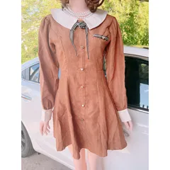 ĐẦM NÂU CỔ BẺ TAY DÀI VIỀN NƠ NGỰC [kèm ảnh thật ] Giá 290k Hàng có sẵn giao ngay