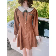 ĐẦM NÂU CỔ BẺ TAY DÀI VIỀN NƠ NGỰC [kèm ảnh thật ] Giá 290k Hàng có sẵn giao ngay