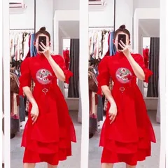 Đầm đỏ thêu hoa siêu đẹp Giá 320k Hàng có sẵn giao ngay Chất liệu gấm cao cấp, hàng đúp lót