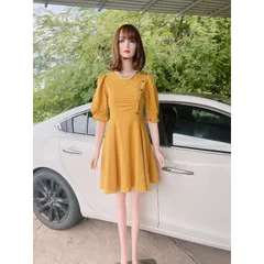 Đầm xoè cách điệu đinh nút Giá 290k Hàng có sẵn giao ngay Màu vàng chanh