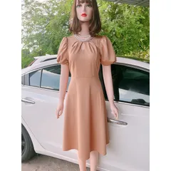 Đầm cổ cách điệu đính đá Hàng có sẵn giao ngay Giá 299k Hàng umi co giãn cao cấp Màu nude sang xịn