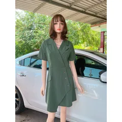 Đầm cổ vest  Chất liệu tuyết mưa siêu đẹp , xịn Giá 320k Màu rêu Hàng có sẵn giao ngay L