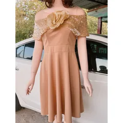 Đầm dự tiệc nơ phối lưới kết đá dáng xòe sang chảnh Giá 290k Hàng có sẵn giao ngay Màu nude