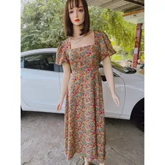 Đầm xòe họa tiết form dài cổ vuông tay phồng Giá 290k Hàng có sẵn giao ngay Hình thật như mẫu mặc