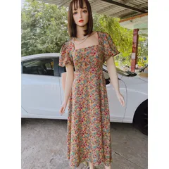Đầm xòe họa tiết form dài cổ vuông tay phồng Giá 290k Hàng có sẵn giao ngay Hình thật như mẫu mặc