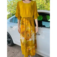 Đầm hoa eo bo chun dễ mặc Giá 290k Hàng có sẵn giao ngay  Màu vàng
