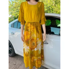 Đầm hoa eo bo chun dễ mặc Giá 290k Hàng có sẵn giao ngay  Màu vàng