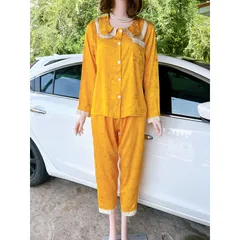 ĐỒ BỘ PIJAMA LỤA XƯỚC TAY DÀI TIỂU THƯ  Giá 190k Hàng có sẵn giao ngay Màu vàng Quần có 2 túi