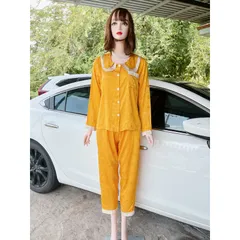 ĐỒ BỘ PIJAMA LỤA XƯỚC TAY DÀI TIỂU THƯ  Giá 190k Hàng có sẵn giao ngay Màu vàng Quần có 2 túi