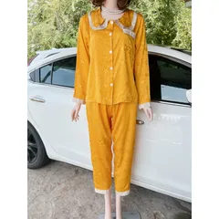 ĐỒ BỘ PIJAMA LỤA XƯỚC TAY DÀI TIỂU THƯ  Giá 190k Hàng có sẵn giao ngay Màu vàng Quần có 2 túi