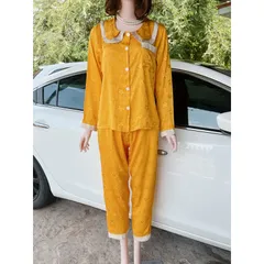 ĐỒ BỘ PIJAMA LỤA XƯỚC TAY DÀI TIỂU THƯ  Giá 190k Hàng có sẵn giao ngay Màu vàng Quần có 2 túi