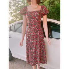 Đầm xòe hoa nhí form dài, cổ vuông  Giá 250k Hàng có sẵn giao ngay Dây kéo phía sau