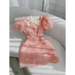 ĐẦM CỔ YẾM TẦNG BÈO TƠ HỒNG ĐÍNH HOA TAY PHỒNG Giá 390k Hàng có sẵn giao ngay