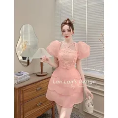 ĐẦM CỔ YẾM TẦNG BÈO TƠ HỒNG ĐÍNH HOA TAY PHỒNG Giá 390k Hàng có sẵn giao ngay